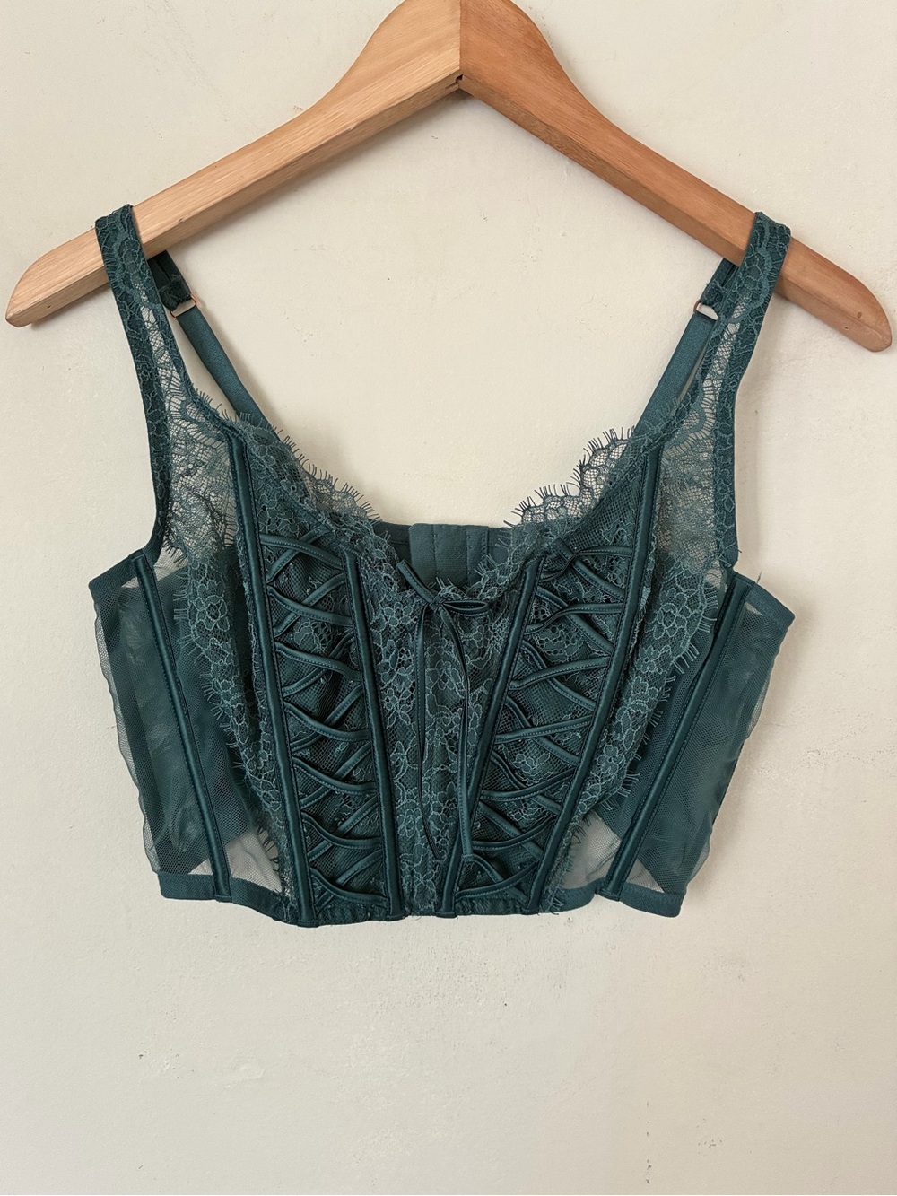 Victorias Secret Grunge Emerald Green Lace Corset Top Mesh Bustier L/G Large